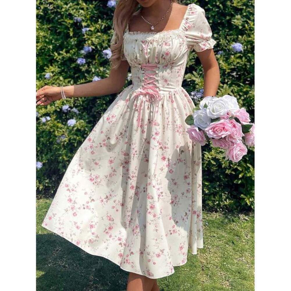 PETITE Pink Ditsy Floral Patchwork Ruffle Square-Neck Puff Sleeve